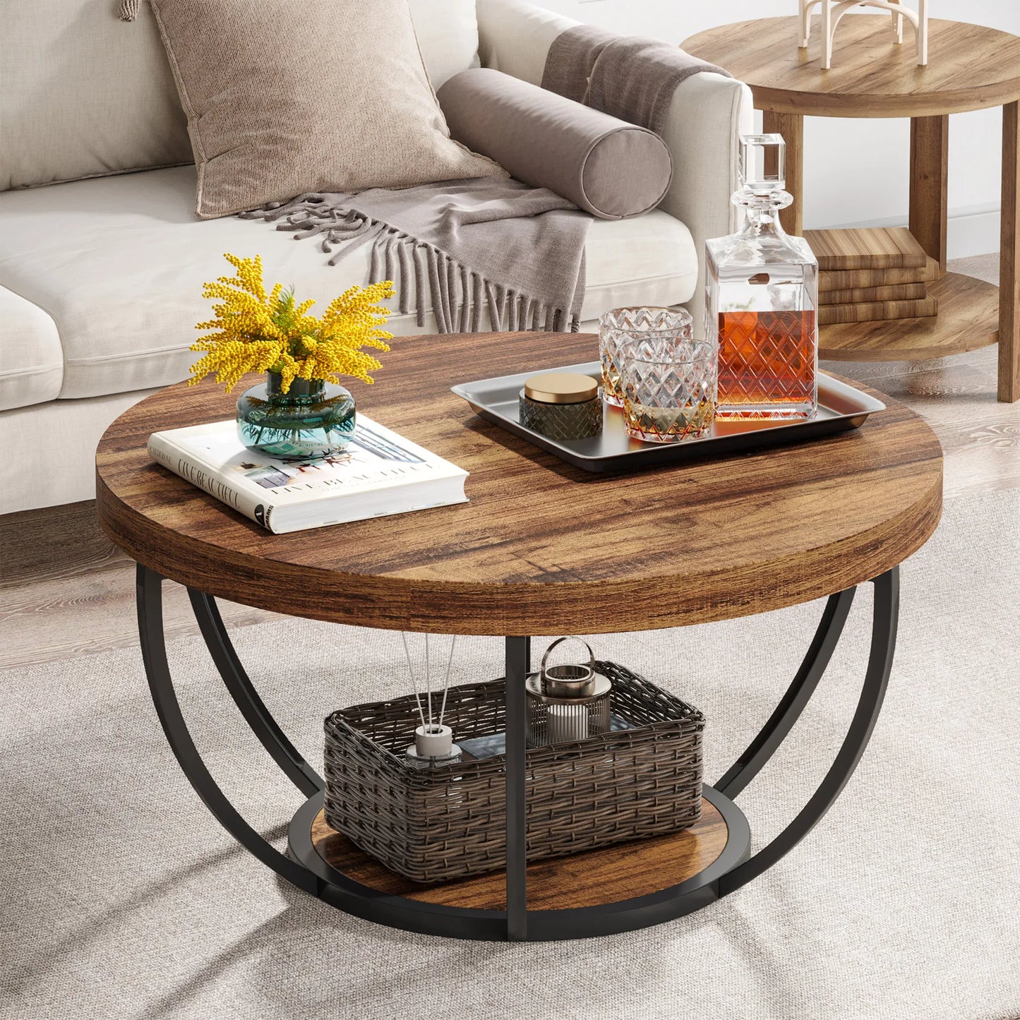 Tribesigns Round Coffee Table With Storage Shelves, Industrial Minimalist Wood