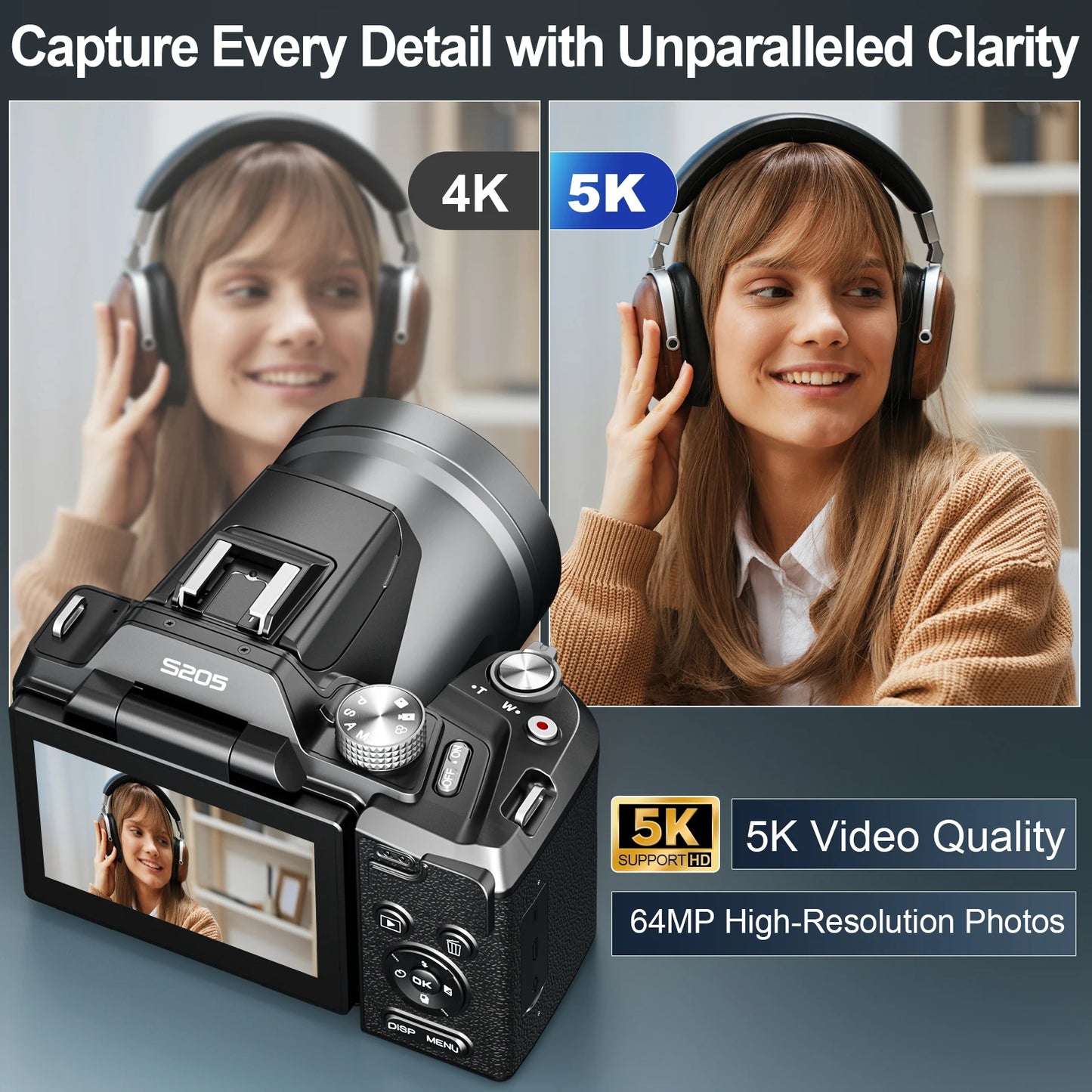 NBD S205E 64MP 5K Digital Camera Flip Screen 16X Zoom