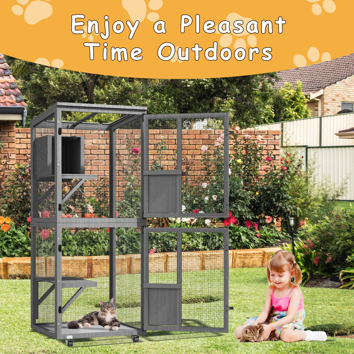 Outdoor Cat Catio Enclosure With Wheels And Waterproof Roof