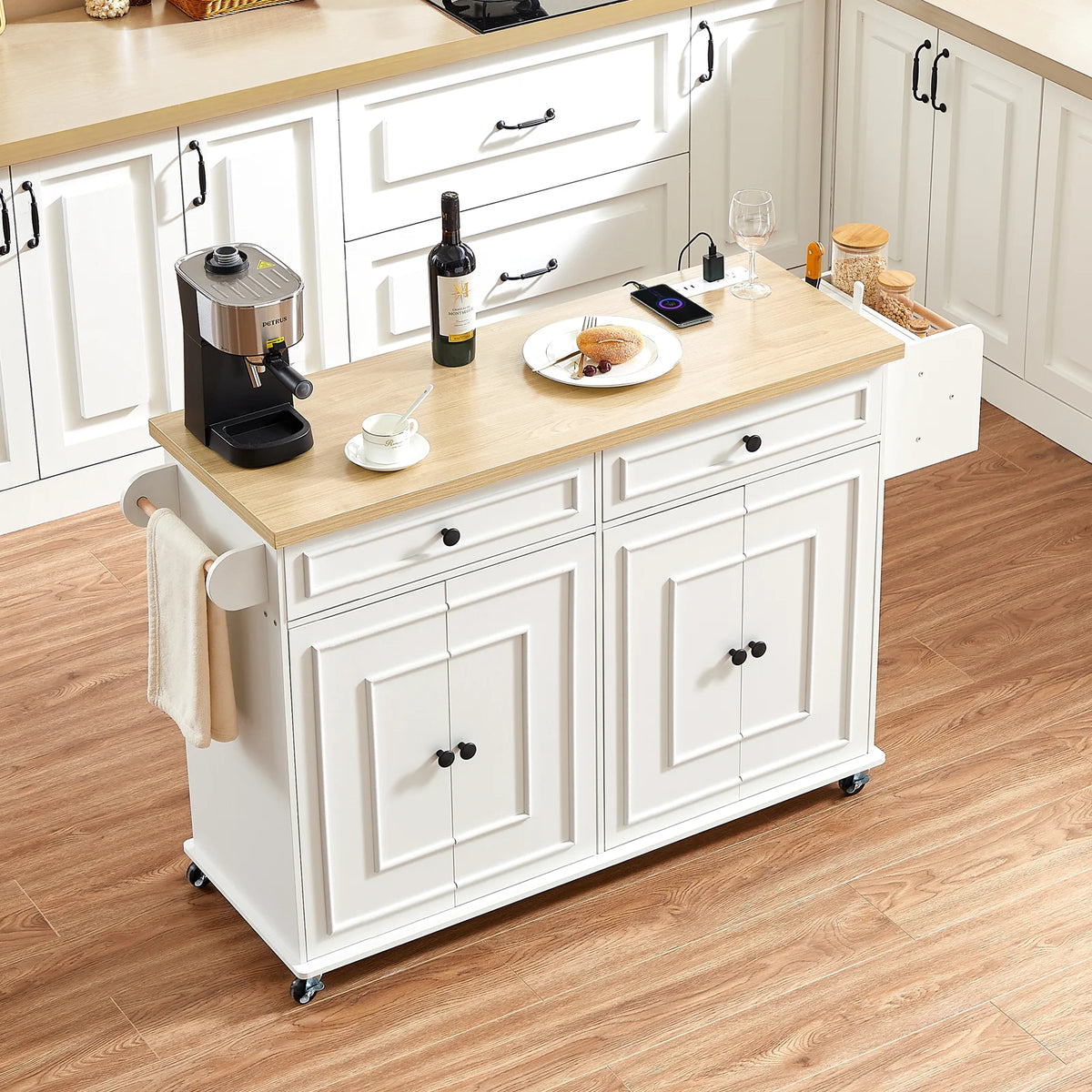 Rolling Kitchen Island Cart With Drop Leaf And Power Outlet
