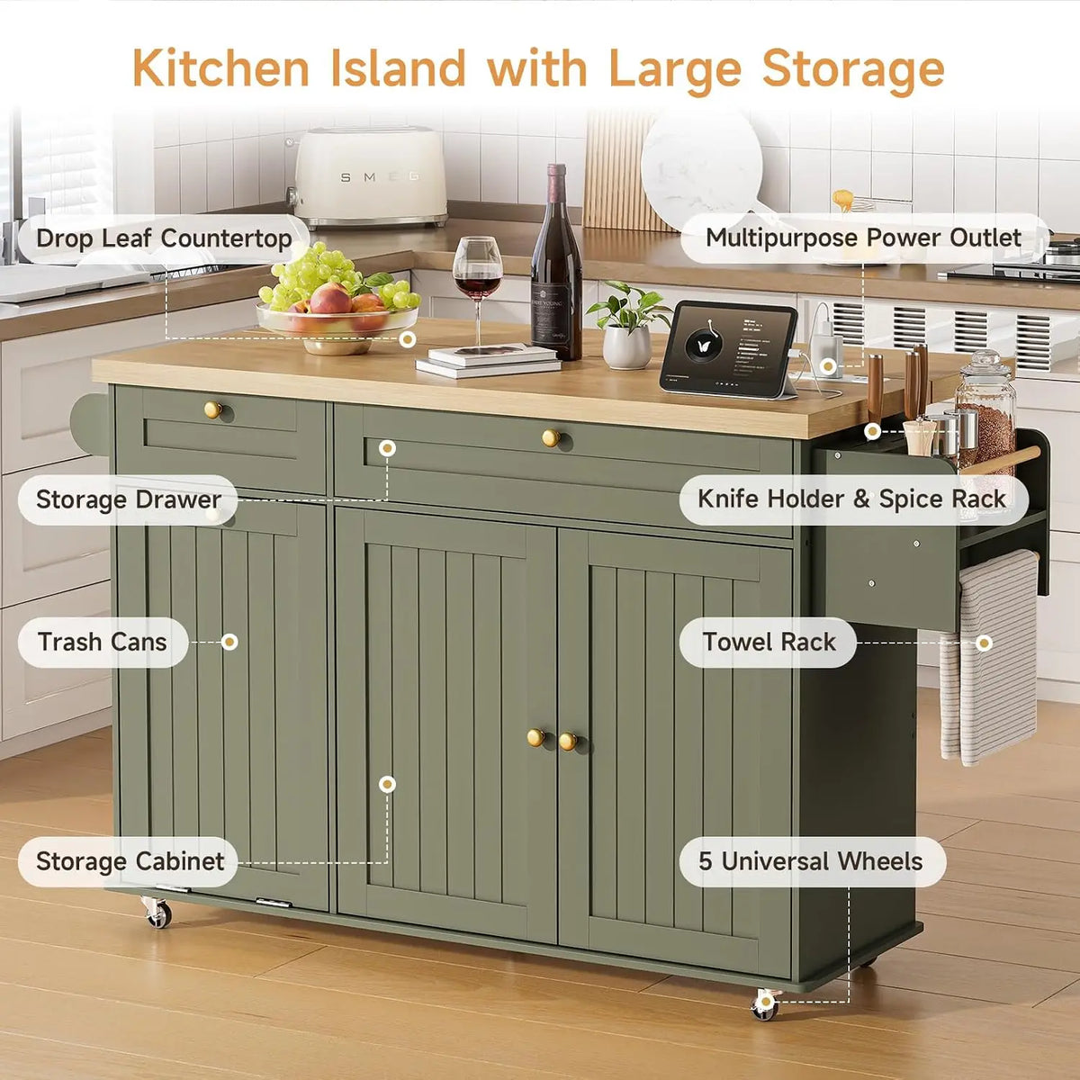 ONBRILL Rolling Kitchen Island With Drop Leaf Storage Power Station
