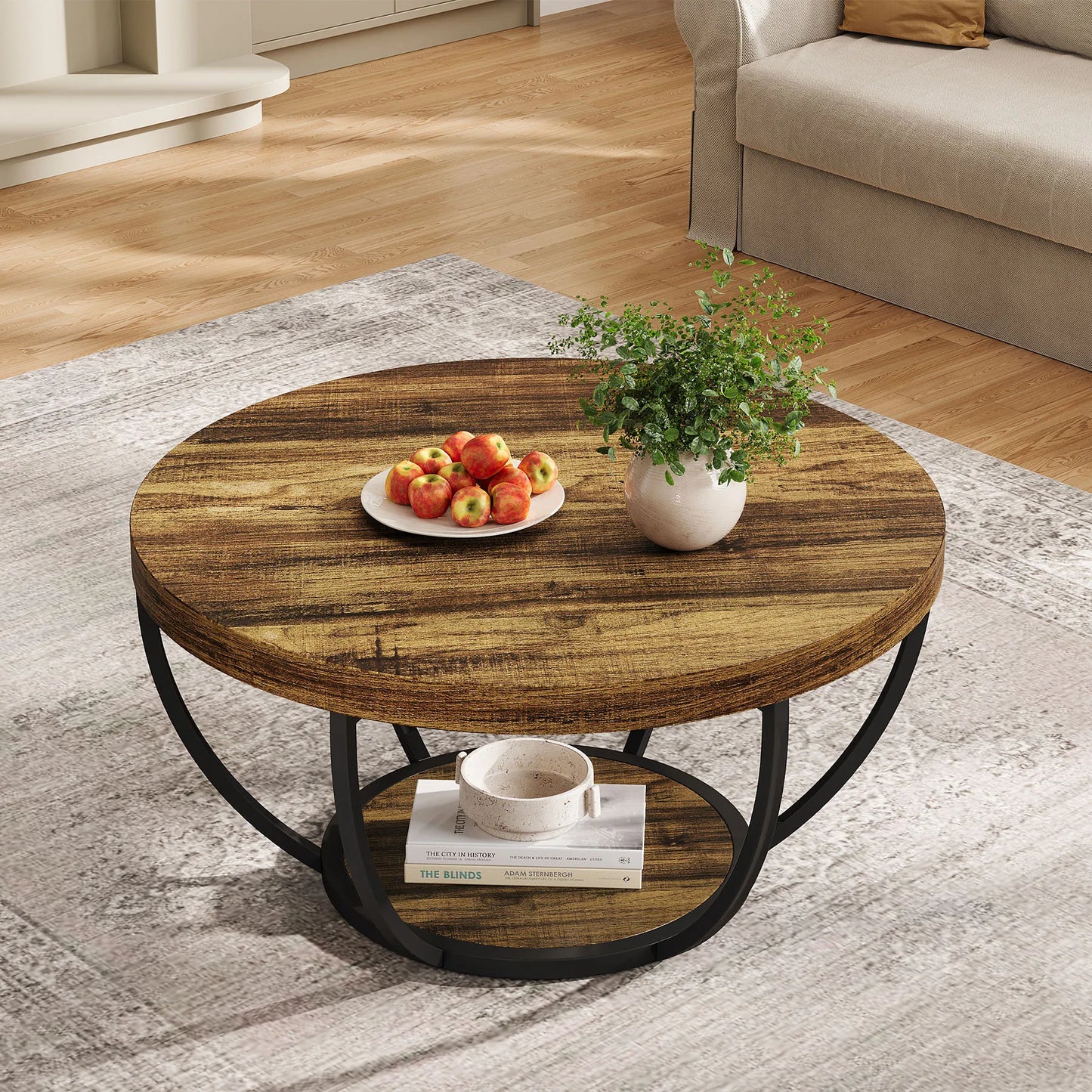 Tribesigns Round Coffee Table With Storage Shelves, Industrial Minimalist Wood