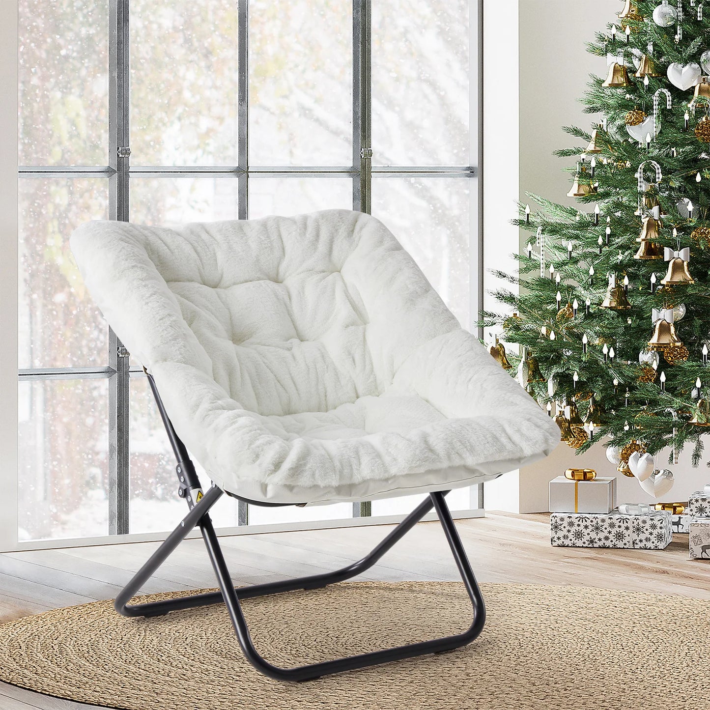 JHK Cozy Faux Fur Saucer Chair Folding Metal Frame