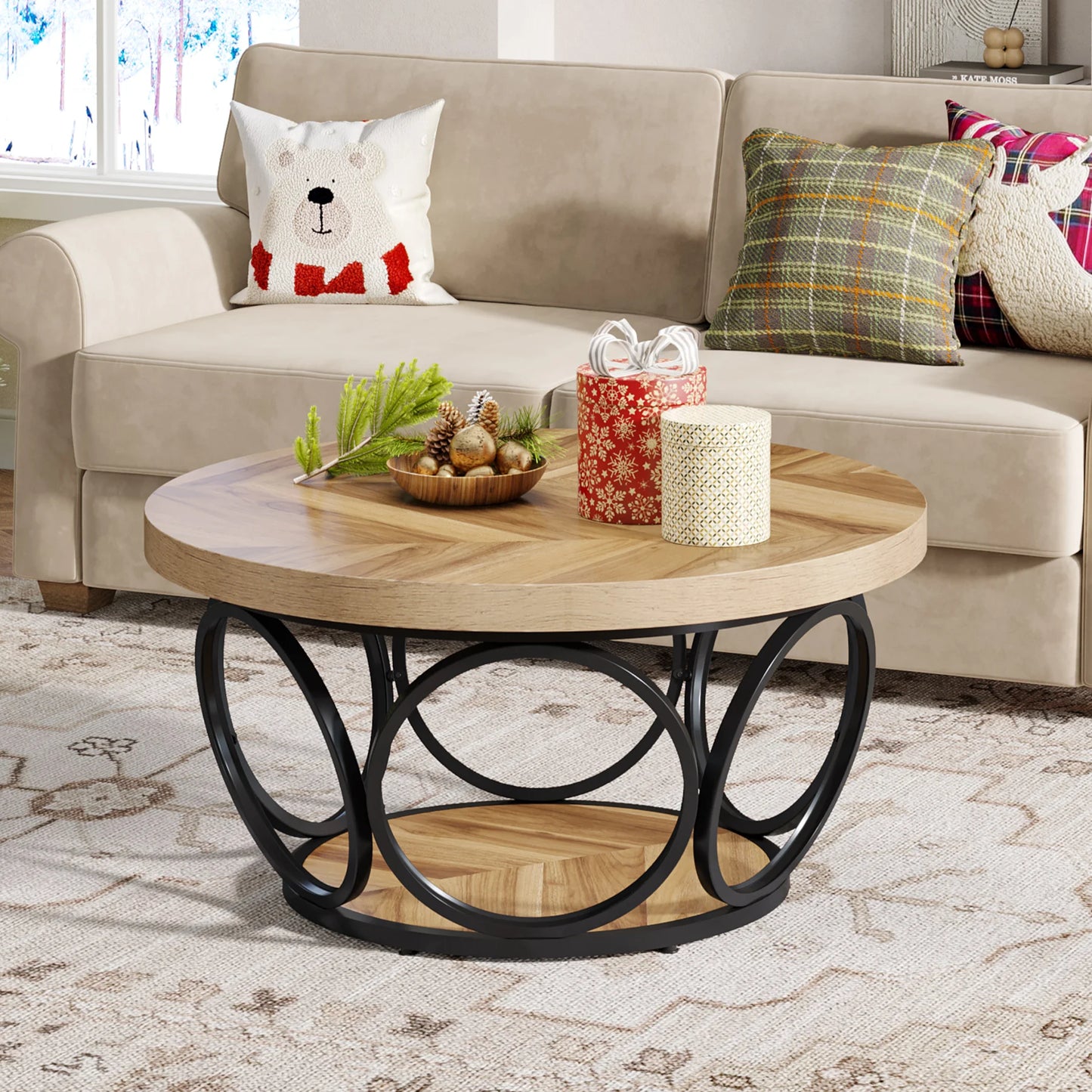 Tribesigns Round Coffee Table With Storage Shelves, Industrial Minimalist Wood