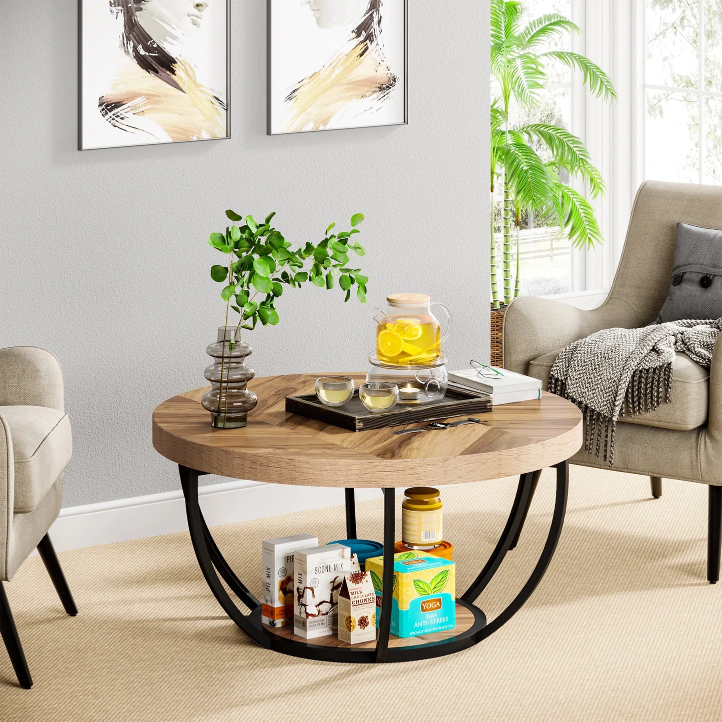 Tribesigns Round Coffee Table With Storage Shelves, Industrial Minimalist Wood