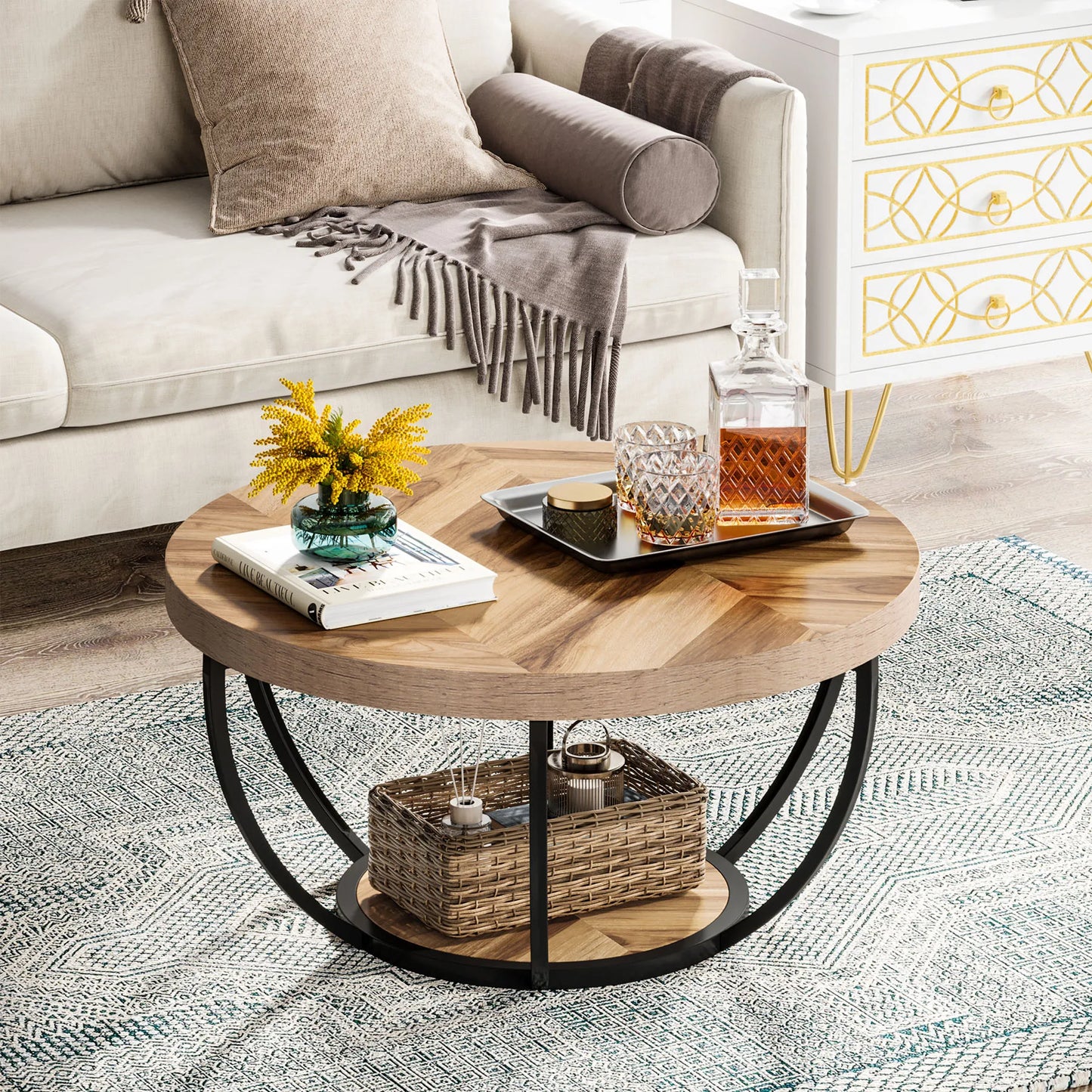 Tribesigns Round Coffee Table With Storage Shelves, Industrial Minimalist Wood