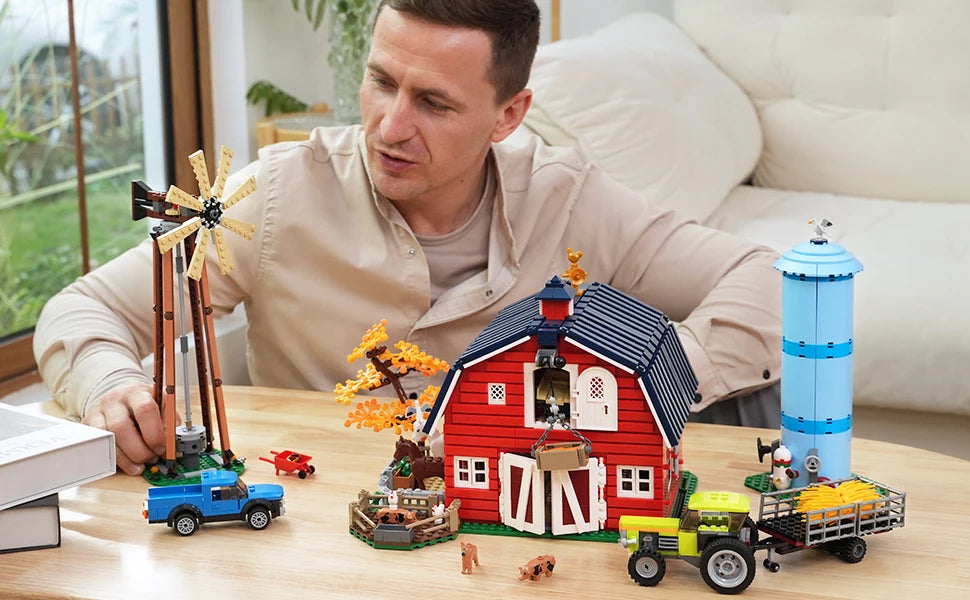 HOGOKIDS Farm Barn Building Set With Light Windmill Tractor Animals