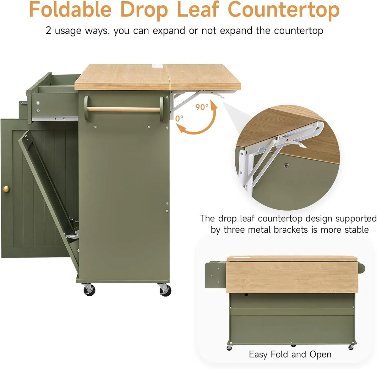 ONBRILL Rolling Kitchen Island With Drop Leaf Storage Power Station