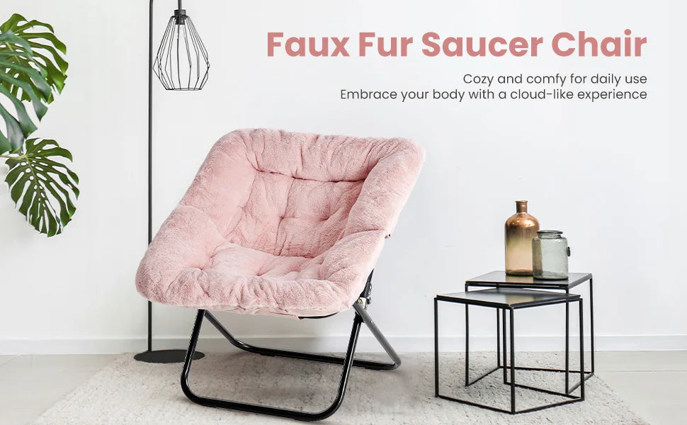JHK Cozy Faux Fur Saucer Chair Folding Metal Frame