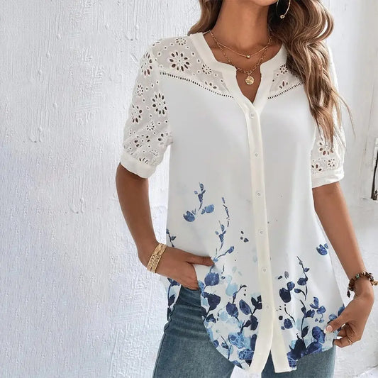 Icevoolen Casual Lace Shirt For Women Short Sleeve Blouse
