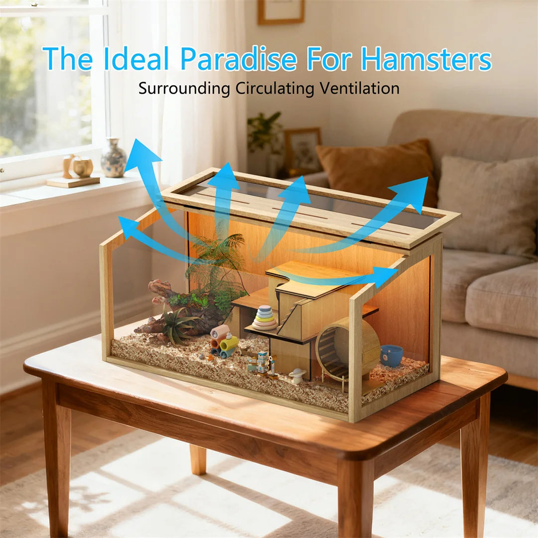 Wooden Hamster Cage Habitat with Glass Panels and LED Light