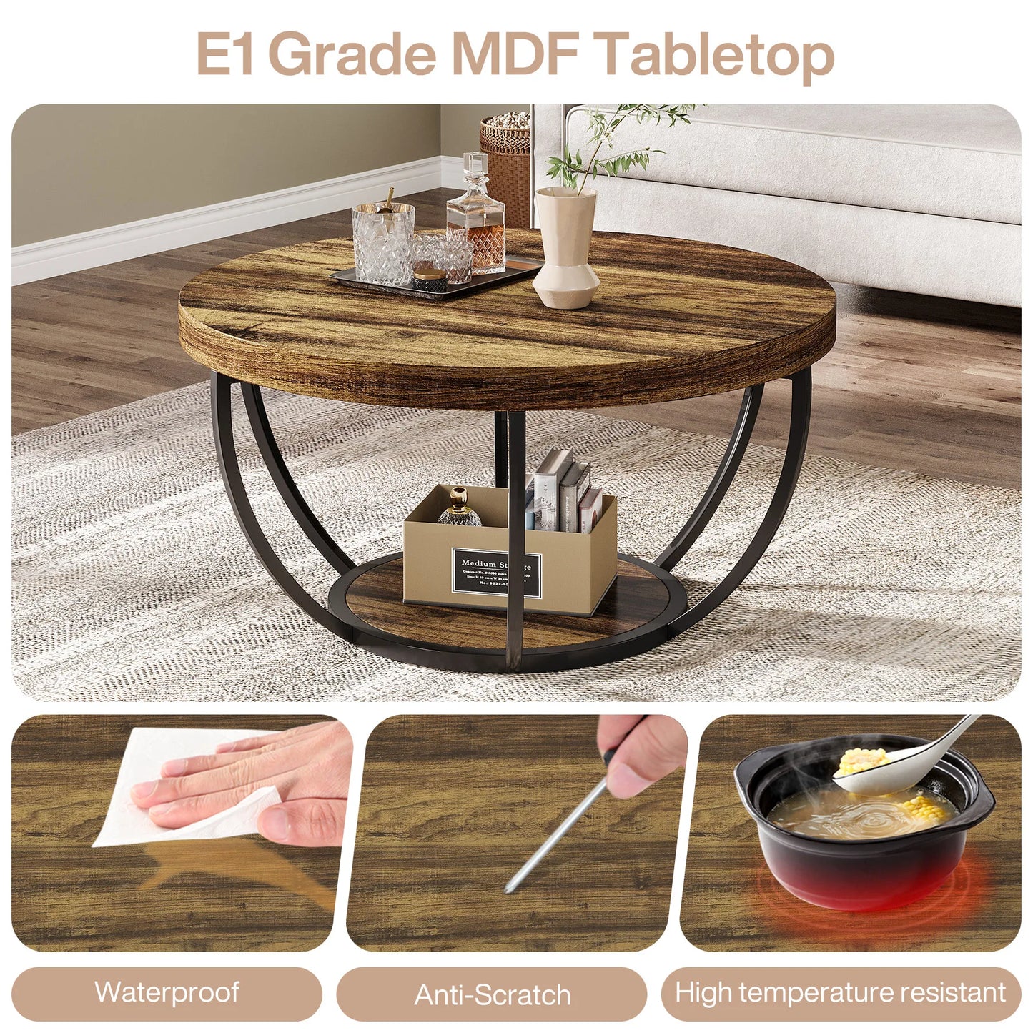 Tribesigns Round Coffee Table With Storage Shelves, Industrial Minimalist Wood