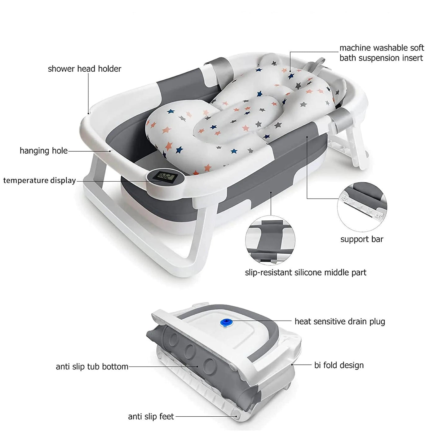 Foldable Baby Bathtub With Bath Cushion And Thermometer