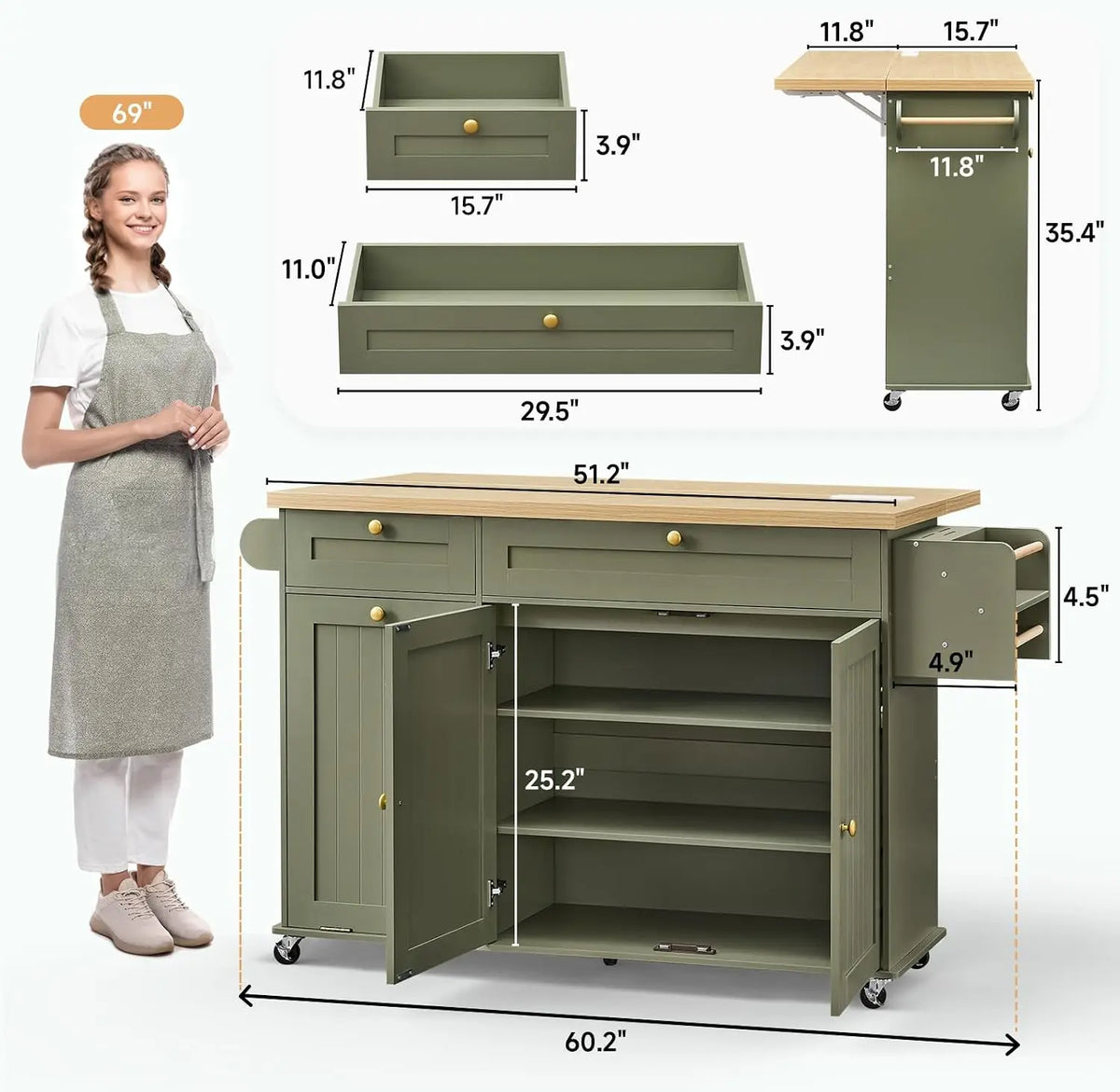 ONBRILL Rolling Kitchen Island With Drop Leaf Storage Power Station
