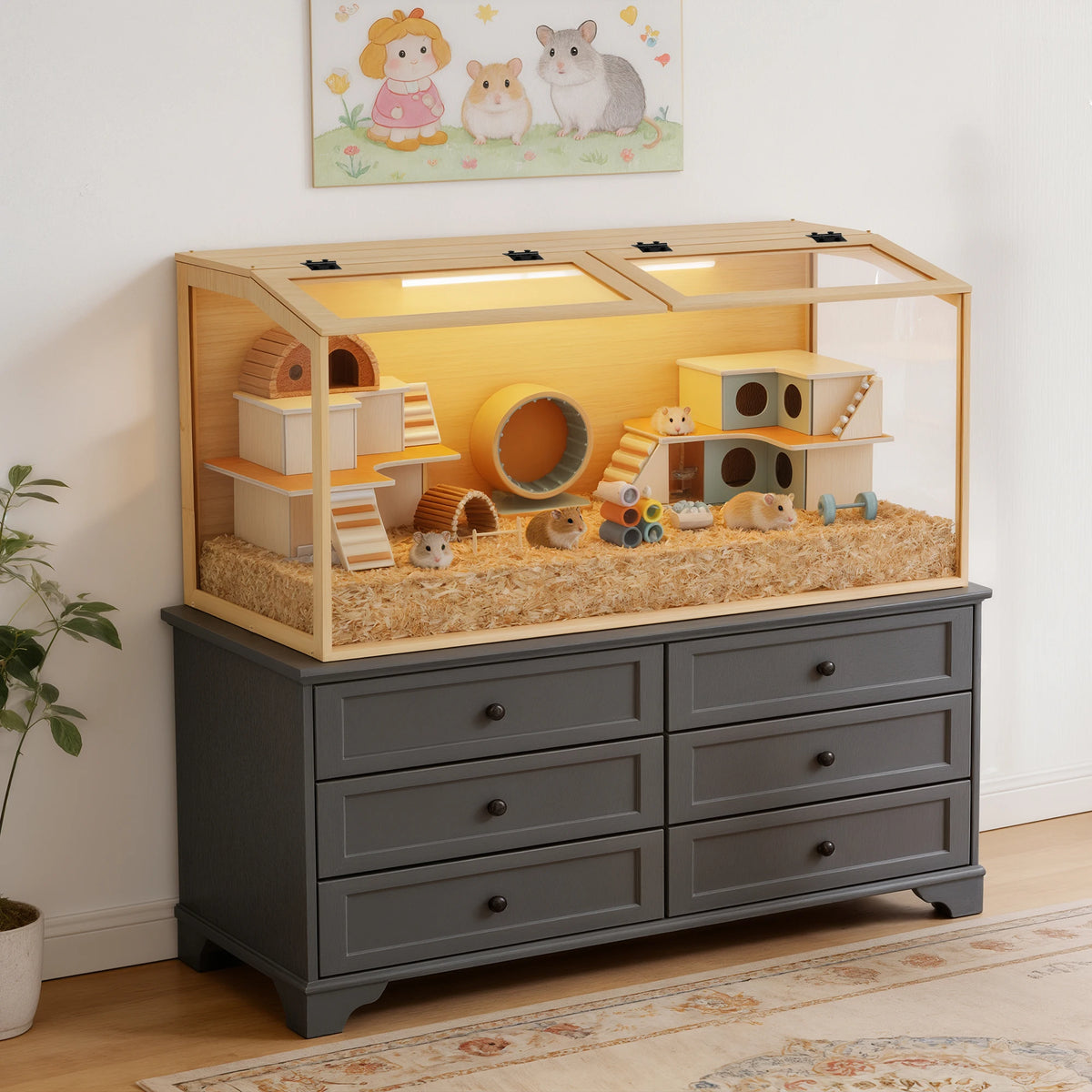 Wooden Hamster Cage Habitat with Glass Panels and LED Light