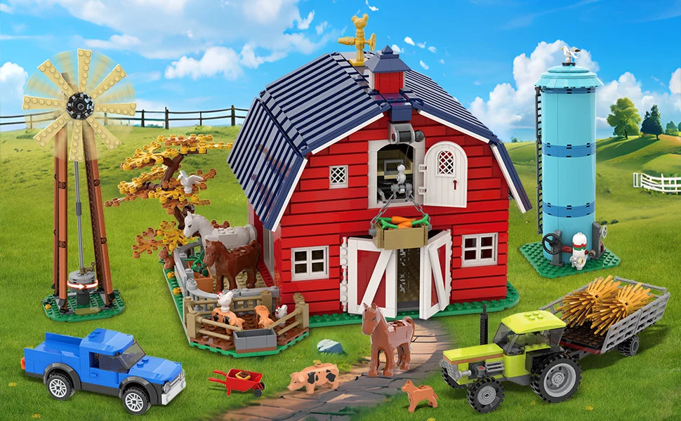 HOGOKIDS Farm Barn Building Set With Light Windmill Tractor Animals