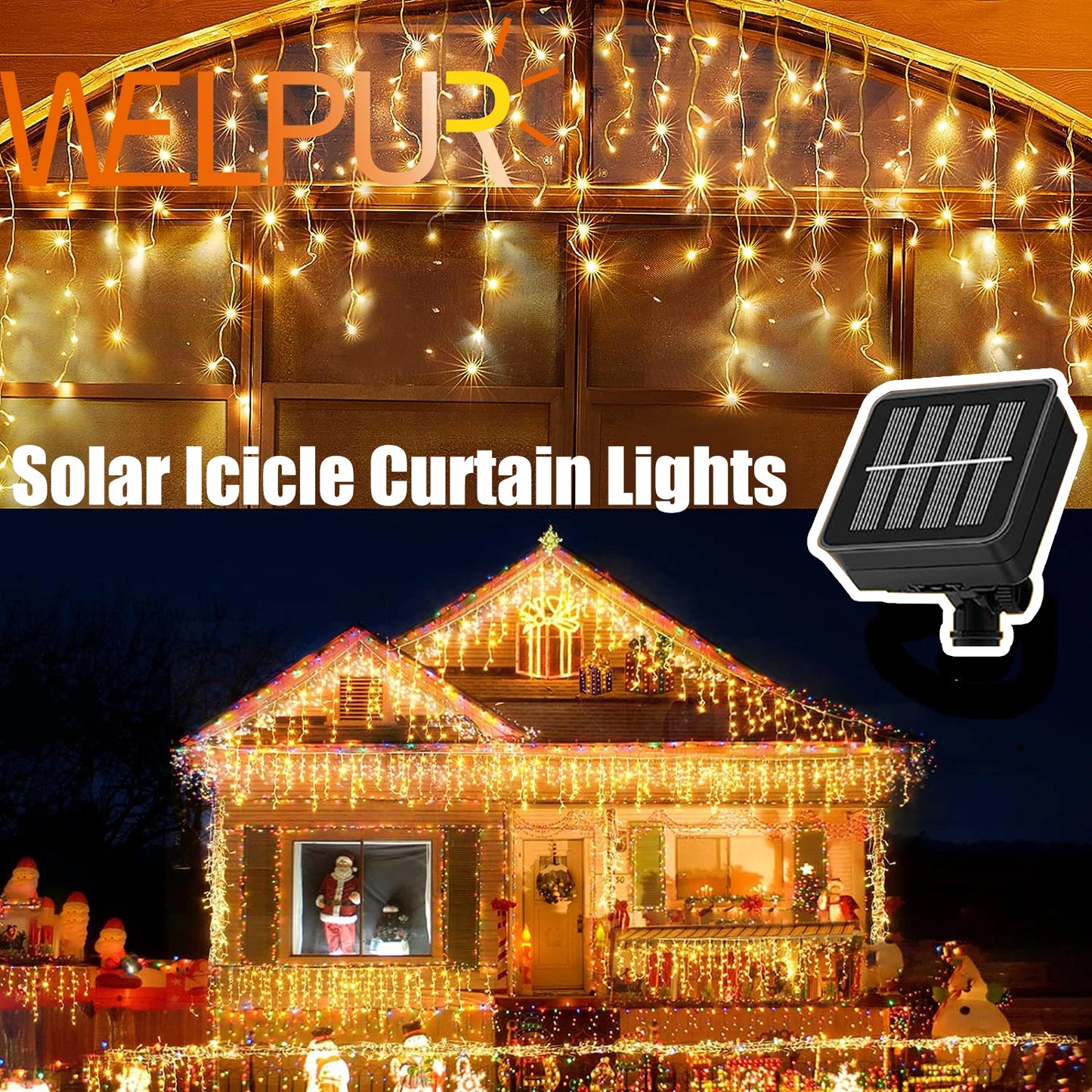WELPUR Solar Icicle Curtain Lights Outdoor LED 8 Modes