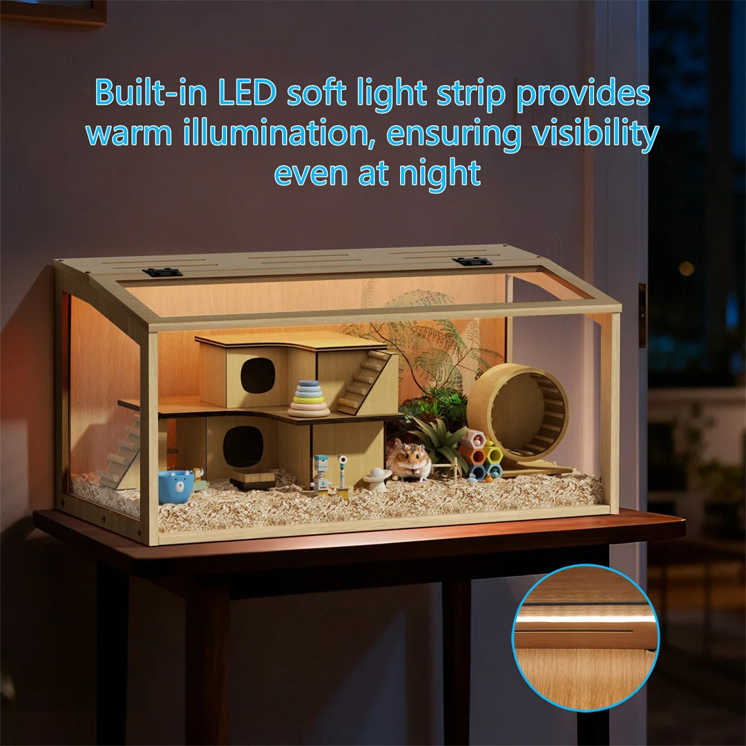 Wooden Hamster Cage Habitat with Glass Panels and LED Light