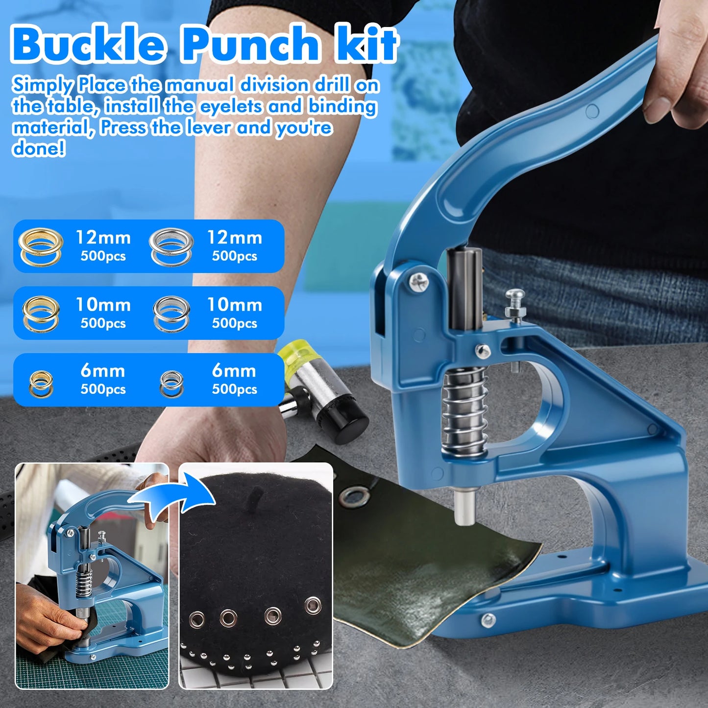Manual Grommet Eyelet Punch Tool With 6 10 12mm Dies