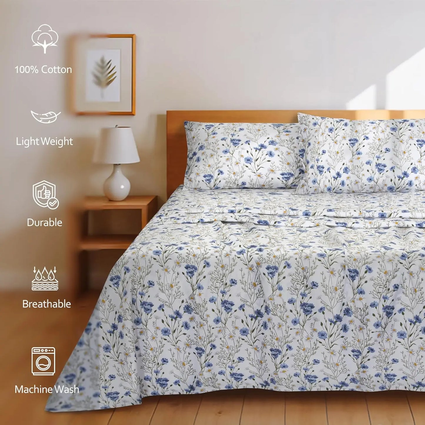 Cotton Percale Sheets Cooling Breathable Floral Design 4 Piece Set Deep Pocket