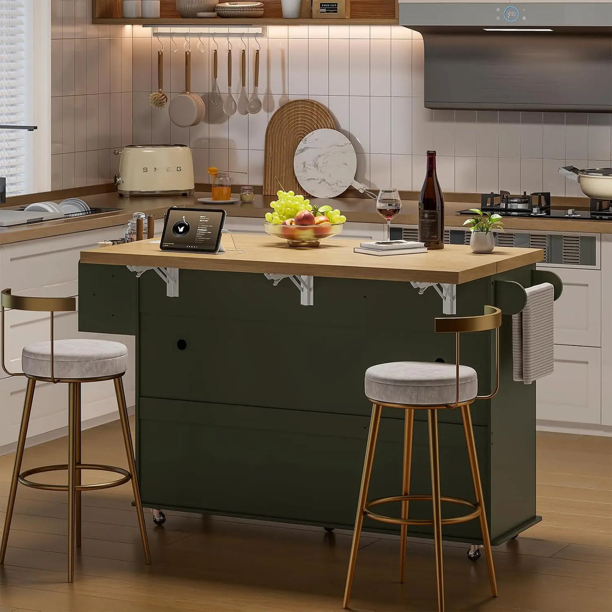ONBRILL Rolling Kitchen Island With Drop Leaf Storage Power Station
