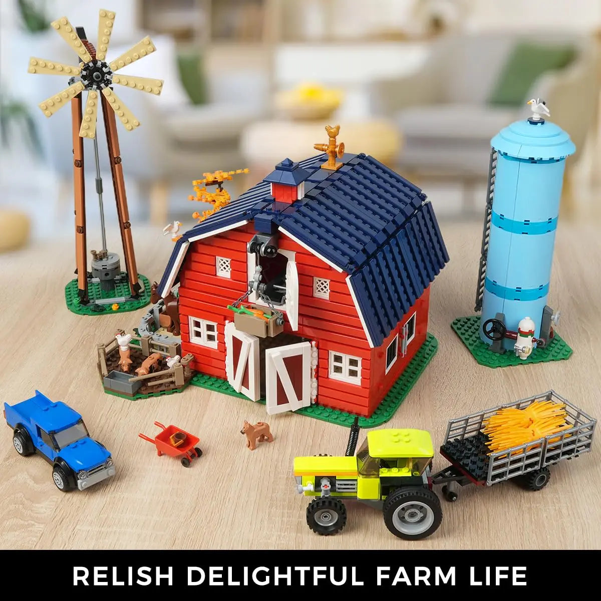 HOGOKIDS Farm Barn Building Set With Light Windmill Tractor Animals