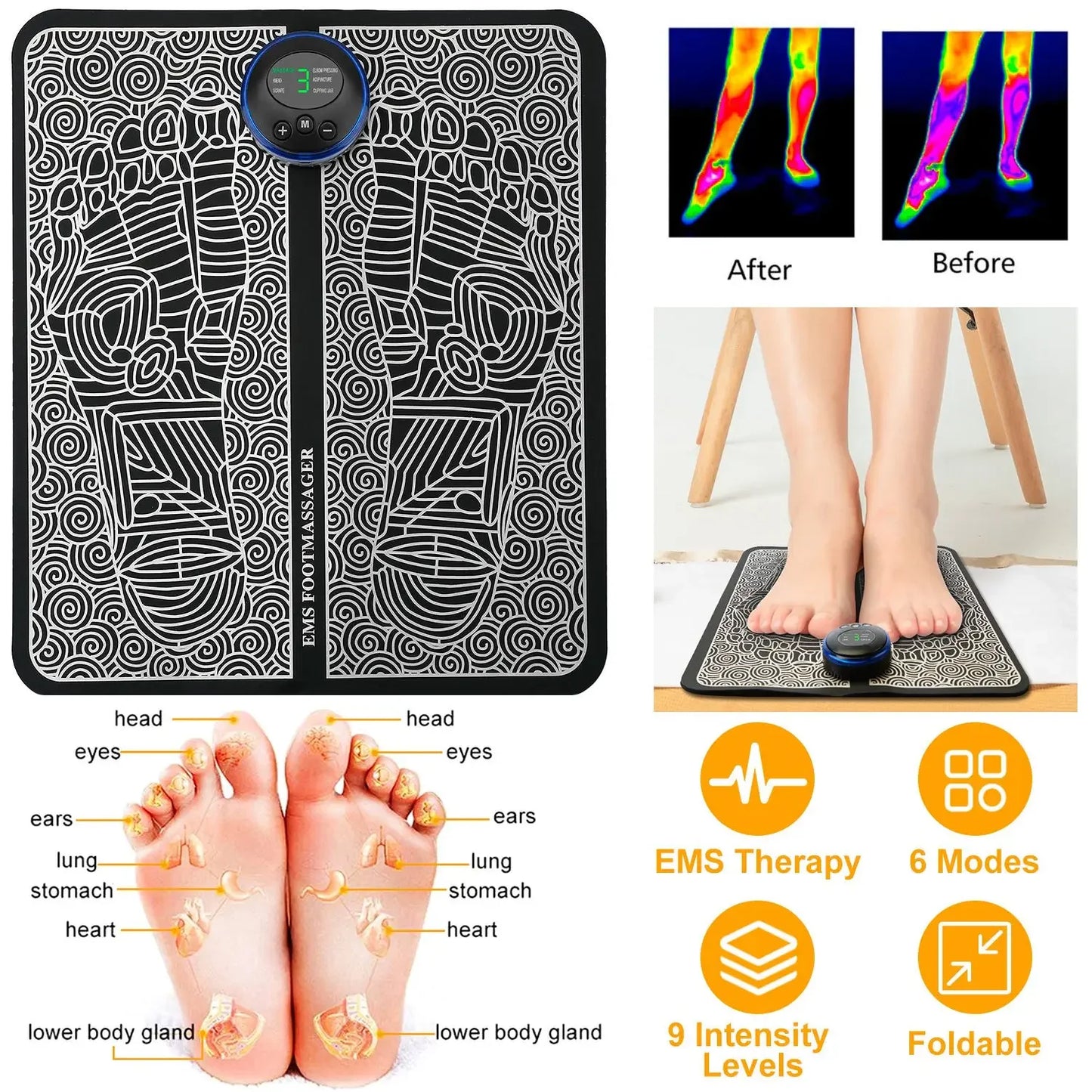 GLONXDE EMS Foot Massage Pad Rechargeable 6 Modes 9 Levels