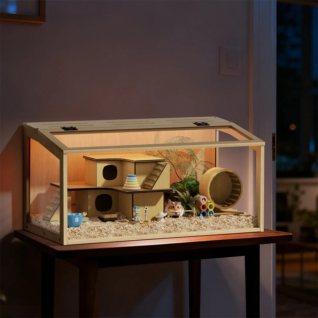 Wooden Hamster Cage Habitat with Glass Panels and LED Light