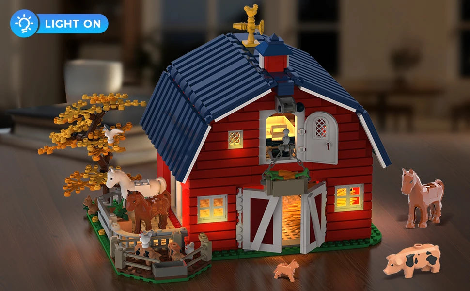 HOGOKIDS Farm Barn Building Set With Light Windmill Tractor Animals