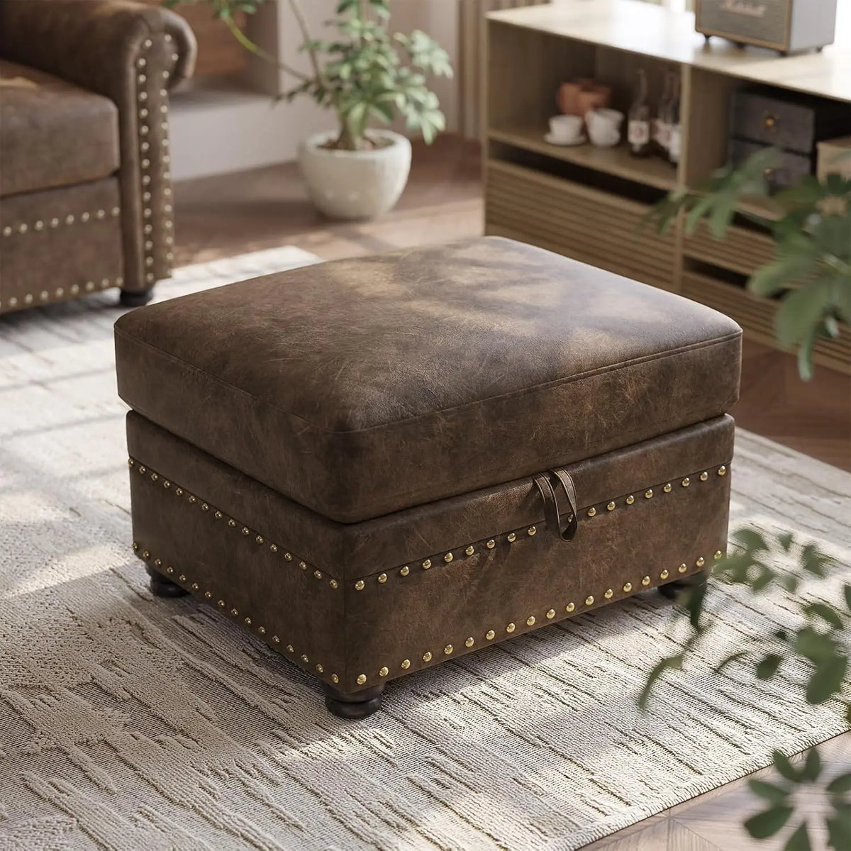 ONBRILL Faux Leather Storage Ottoman Lift Top Footstool with Hidden Storage