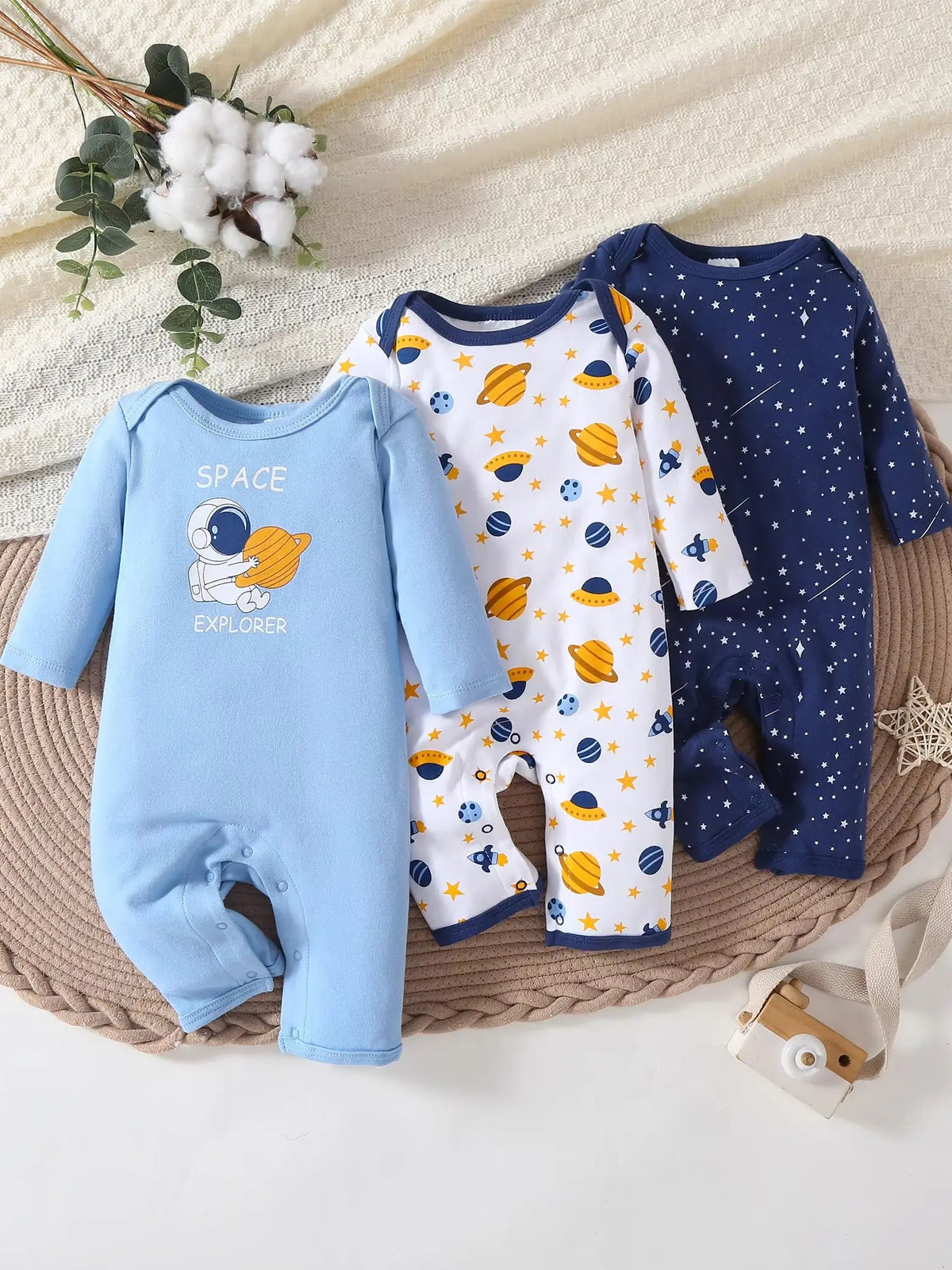 Baby Boy 3 Pack Cotton Long Sleeve Space Print Rompers