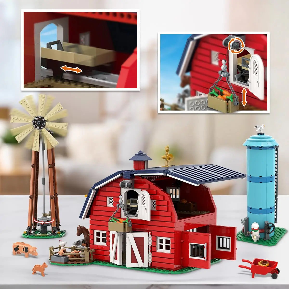 HOGOKIDS Farm Barn Building Set With Light Windmill Tractor Animals