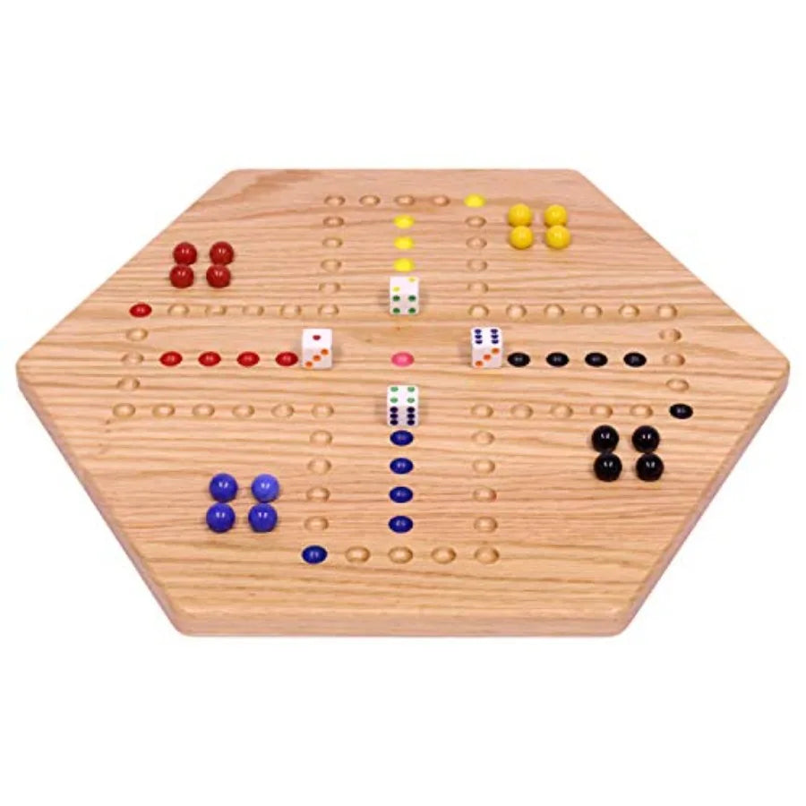 XMSJ Wahoo Marble Game Board Set Double Sided Oak Wood with Marbles and Dice For Indoor Use