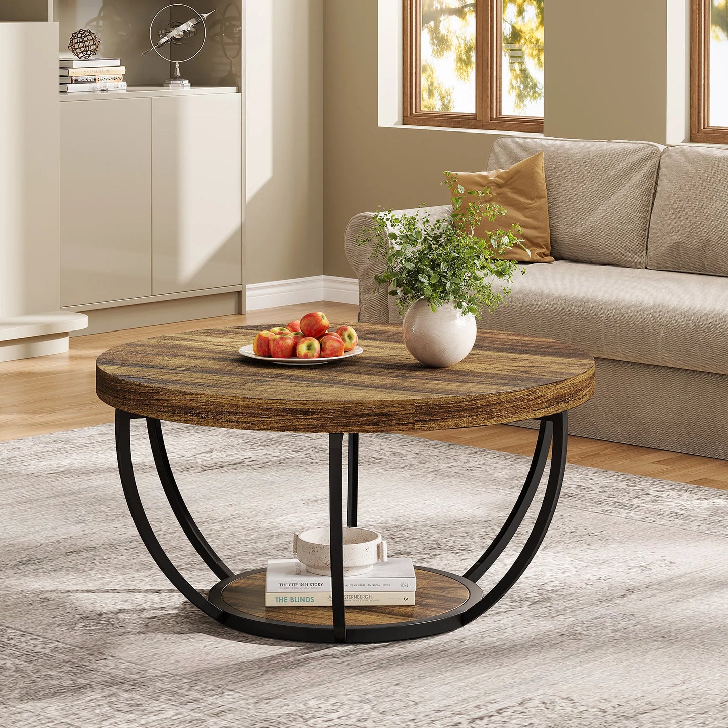 Tribesigns Round Coffee Table With Storage Shelves, Industrial Minimalist Wood