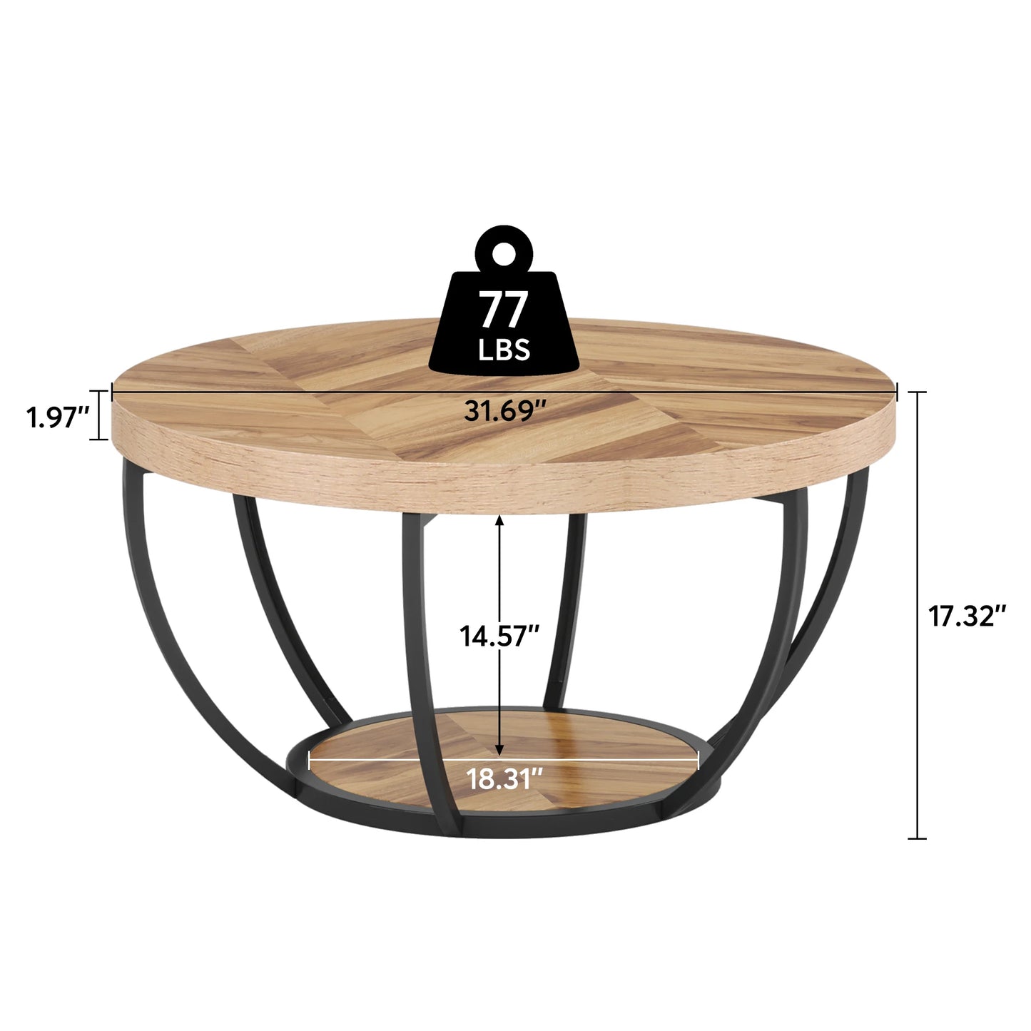 Tribesigns Round Coffee Table With Storage Shelves, Industrial Minimalist Wood