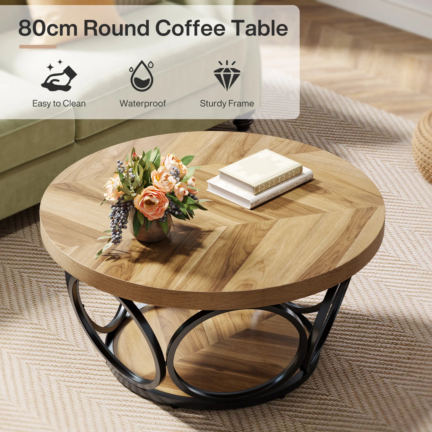 Tribesigns Round Coffee Table With Storage Shelves, Industrial Minimalist Wood
