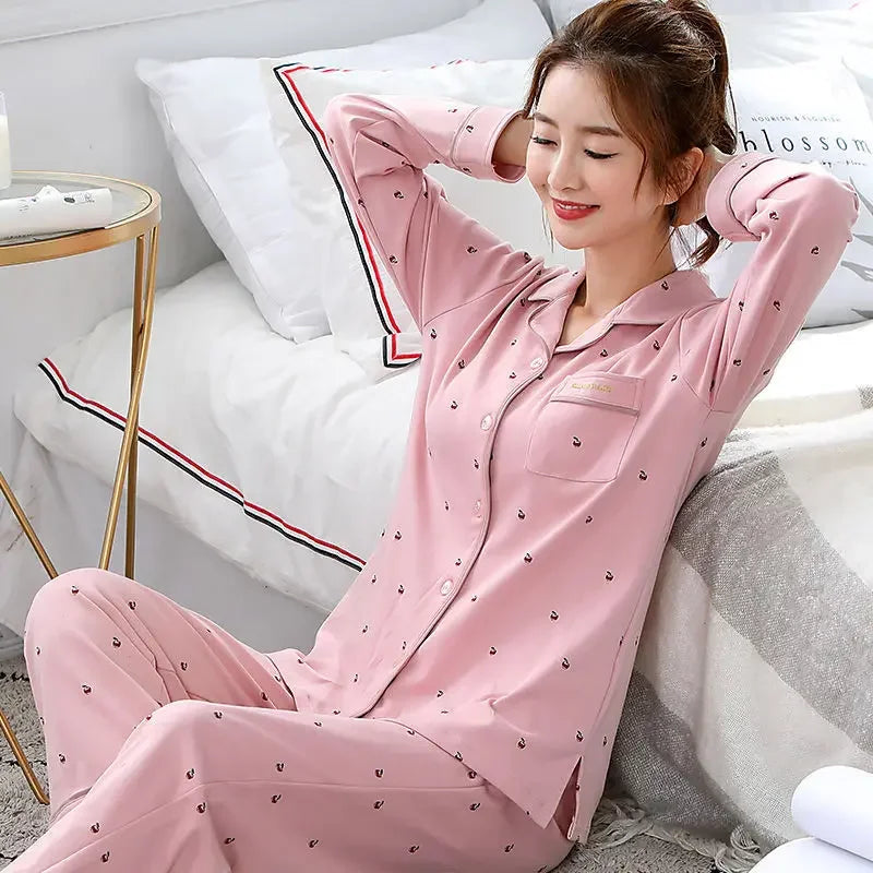Guangdong Women Cotton Pajamas Set Button Down Nightwear