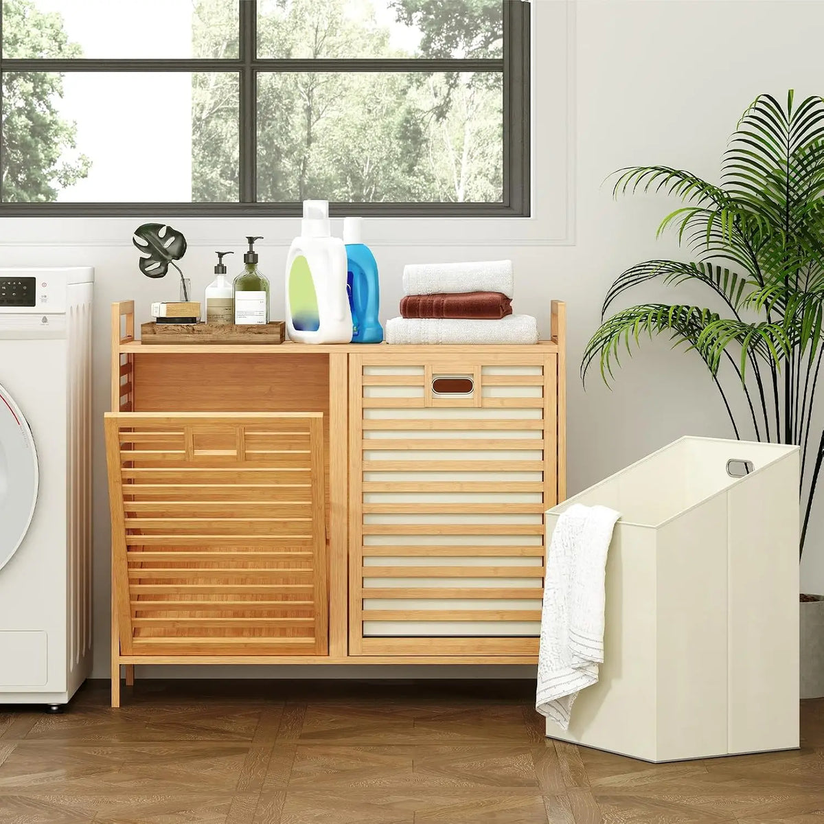 Tilt Out Bamboo Laundry Storage Hamper With Removable Bins
