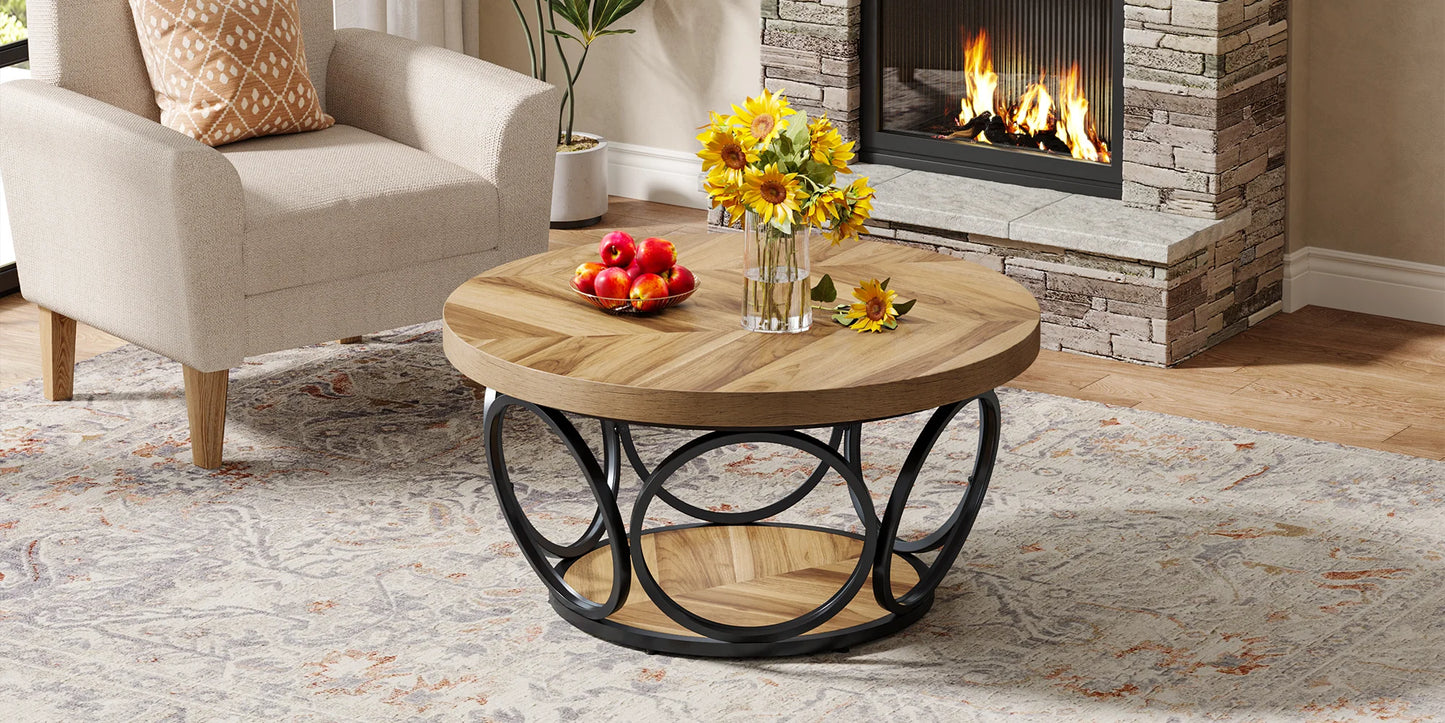 Tribesigns Round Coffee Table With Storage Shelves, Industrial Minimalist Wood