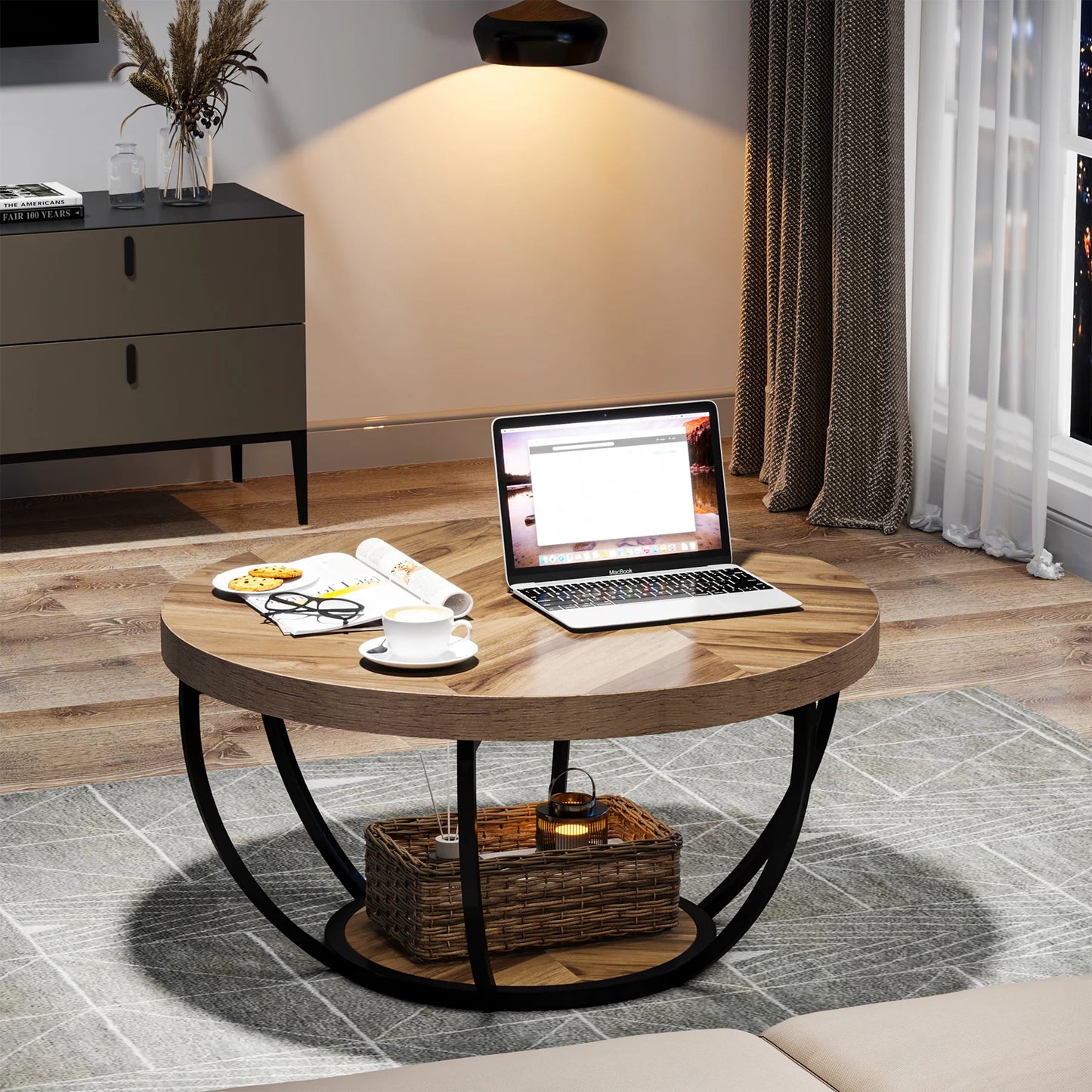 Tribesigns Round Coffee Table With Storage Shelves, Industrial Minimalist Wood