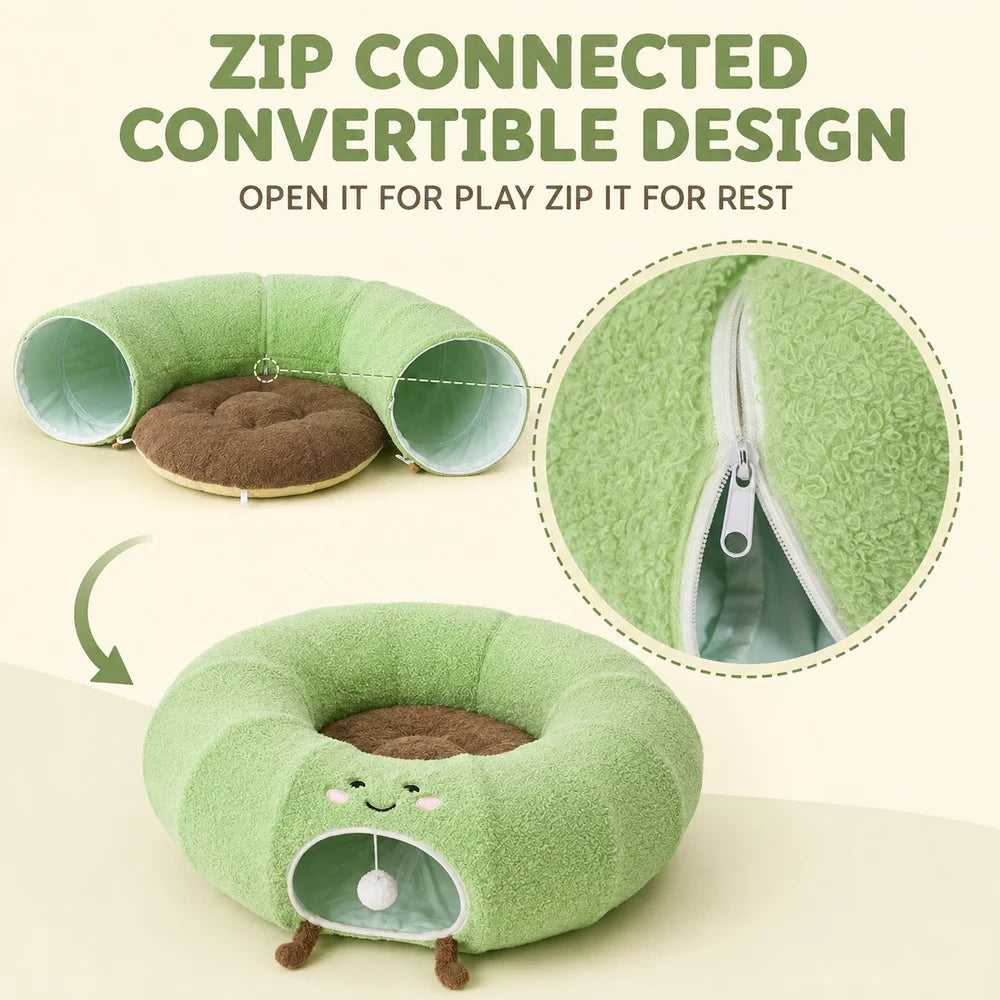 Convertible Cat Tunnel Bed With Donut Cushion For Indoor Cats