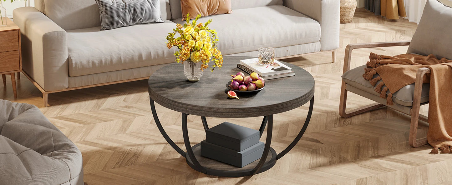 Tribesigns Round Coffee Table With Storage Shelves, Industrial Minimalist Wood