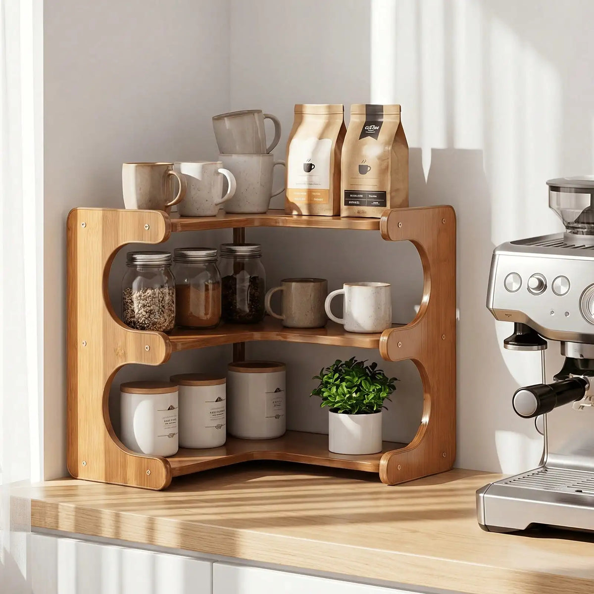 Freestanding Wood Corner Organizer Shelf Multi Tier Storage Rack