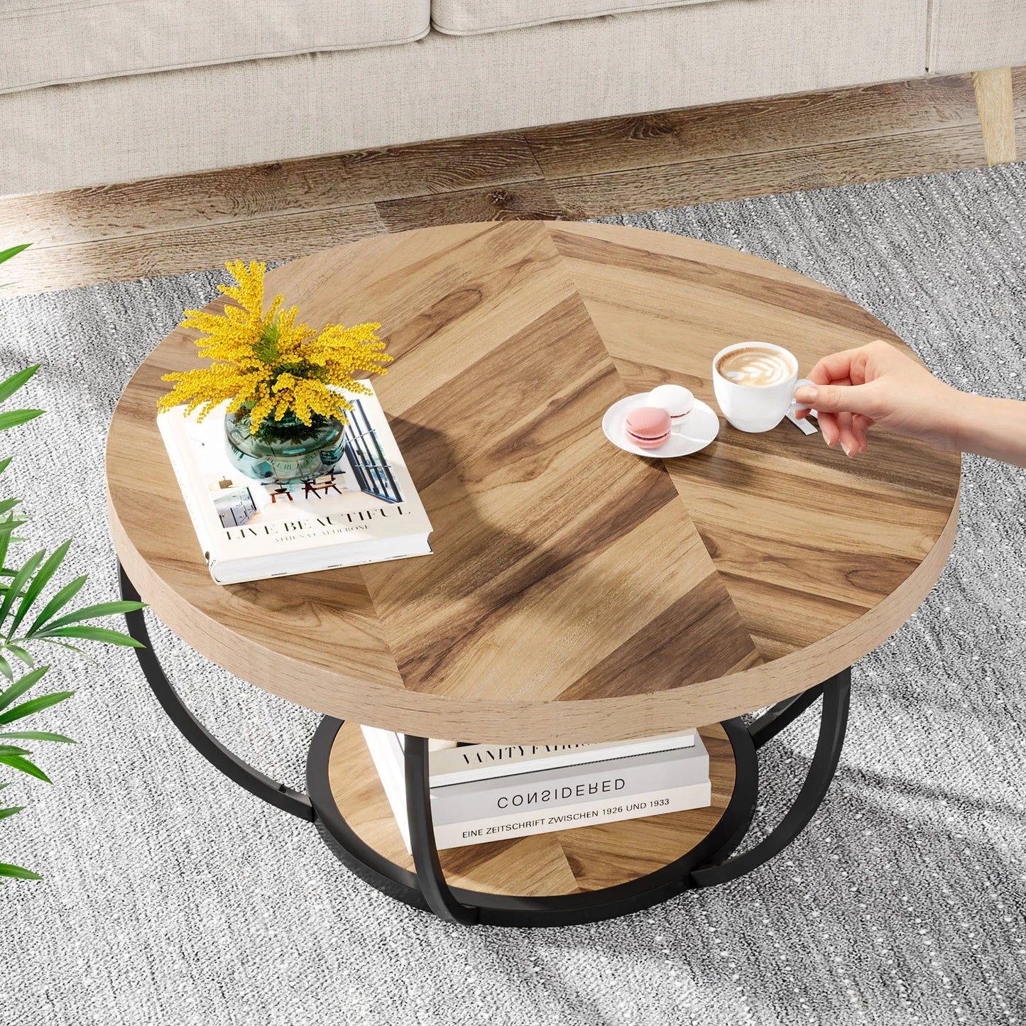 Tribesigns Round Coffee Table With Storage Shelves, Industrial Minimalist Wood