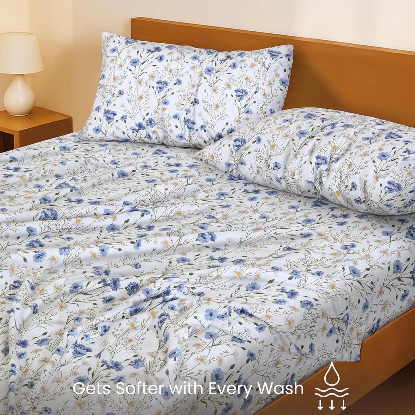 Cotton Percale Sheets Cooling Breathable Floral Design 4 Piece Set Deep Pocket