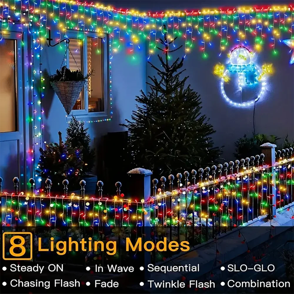 WELPUR Solar Icicle Curtain Lights Outdoor LED 8 Modes