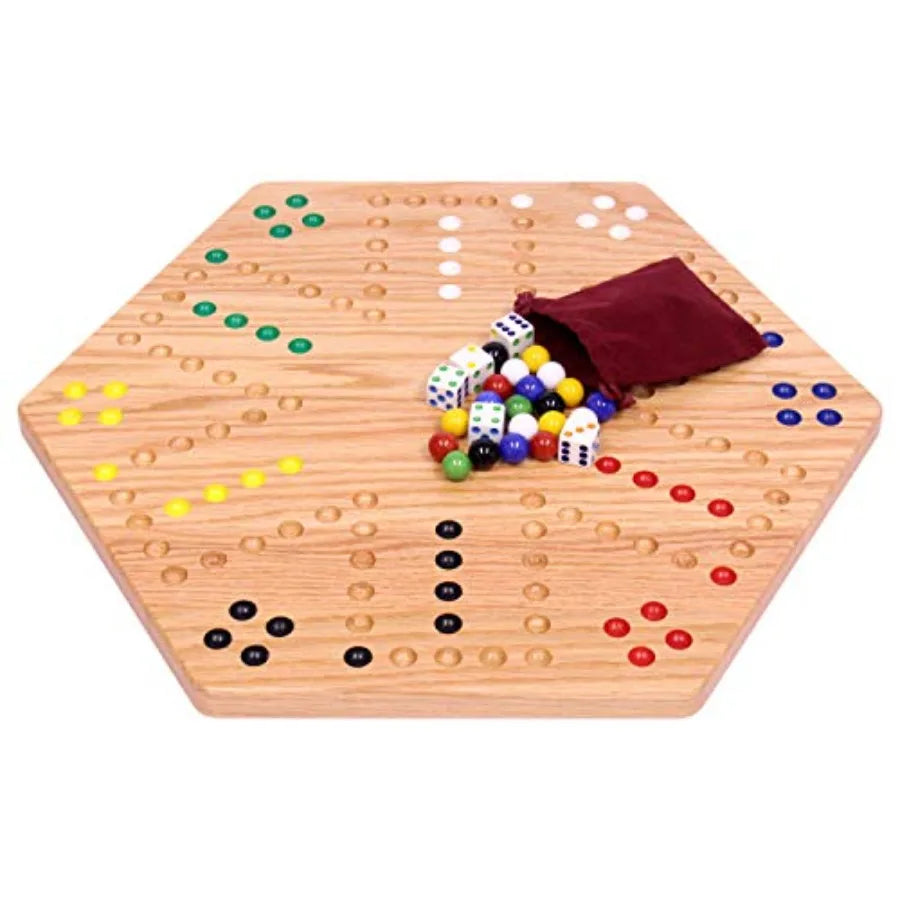 XMSJ Wahoo Marble Game Board Set Double Sided Oak Wood with Marbles and Dice For Indoor Use