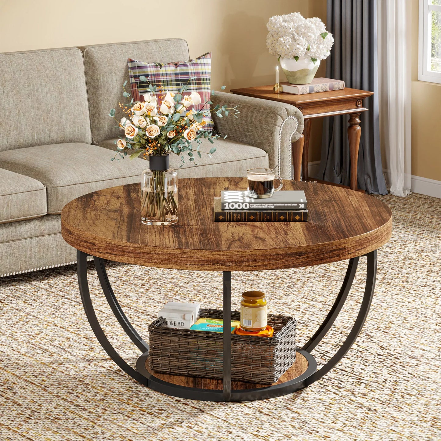 Tribesigns Round Coffee Table With Storage Shelves, Industrial Minimalist Wood