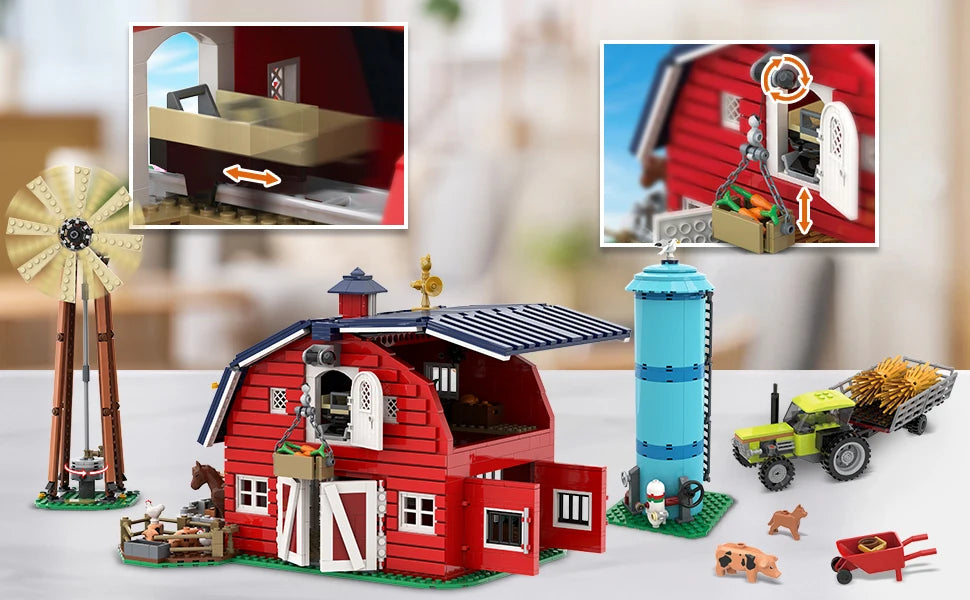HOGOKIDS Farm Barn Building Set With Light Windmill Tractor Animals