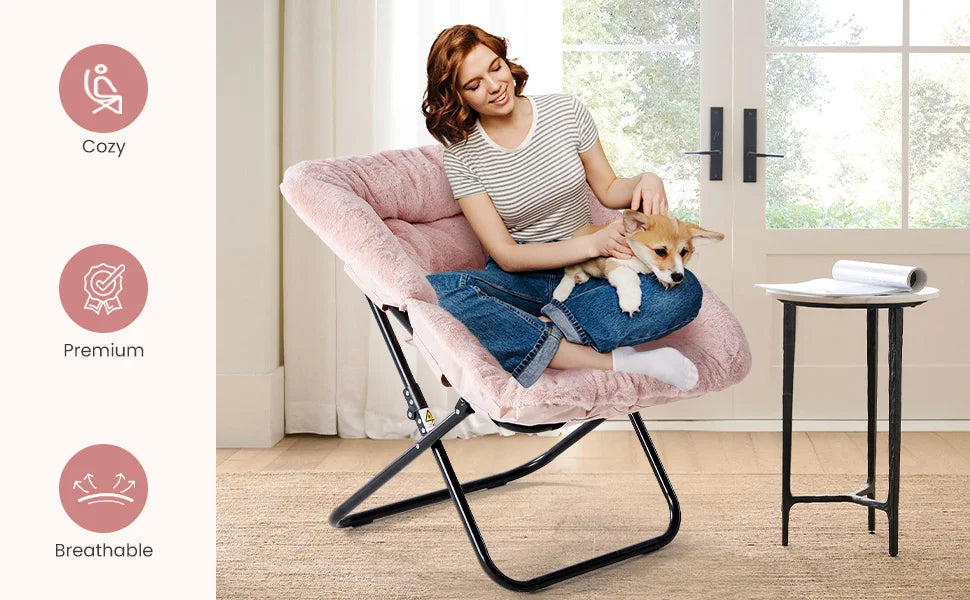 JHK Cozy Faux Fur Saucer Chair Folding Metal Frame